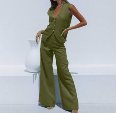 Fashion Casual Women's Cotton And Linen Trousers Suit Two-piece Set