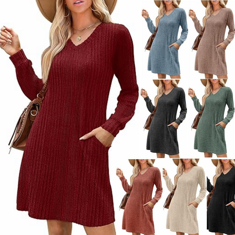 V-neck Pocket Sunken Stripe Brushed Long Sleeve Leisure Dress