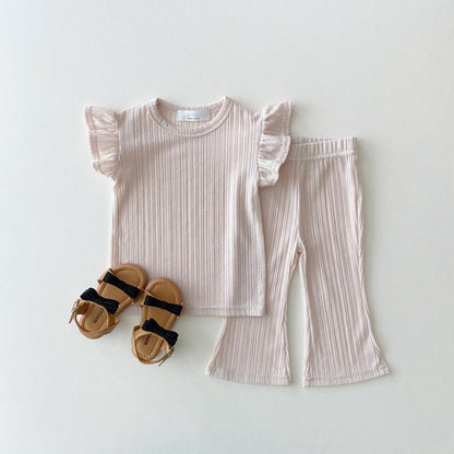 Korean Style Children's Clothing Thin Flounced Sleeve T-shirt Bell-bottom Pants Suit