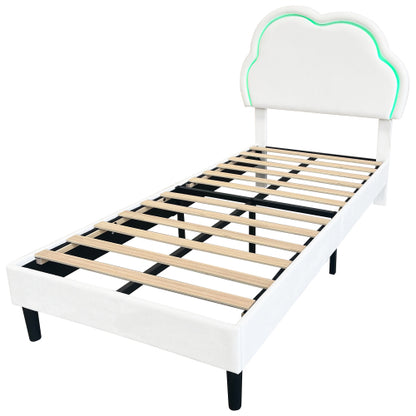 3ft Single Upholstered Bed With LED Adjustable Cute Cloud Headboard, Soft Velvet Bed Frame With Solid Wood Slat, No Box Spring Needed, Easy Assembly, Cream White No Mattress