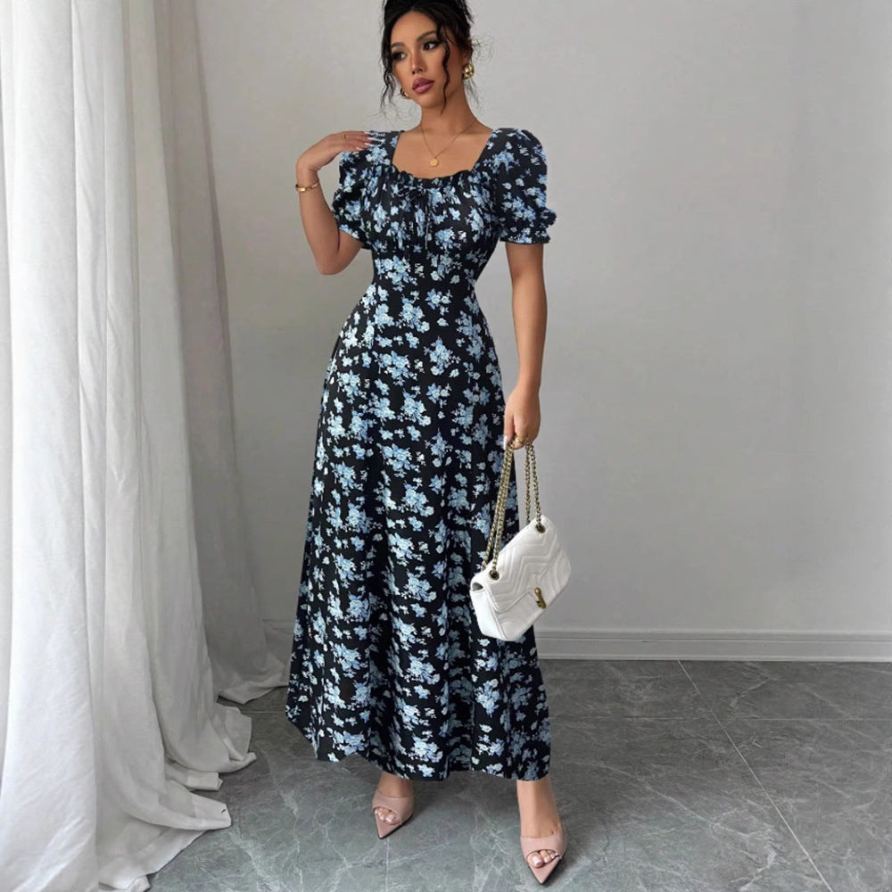 Women's Fashion Elegant U-neck Short-sleeved Printed Large Swing Dress