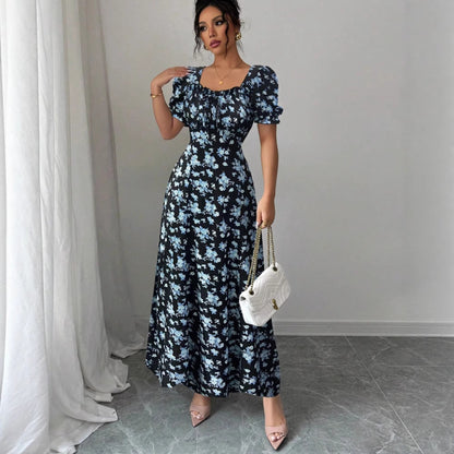 Women's Fashion Elegant U-neck Short-sleeved Printed Large Swing Dress