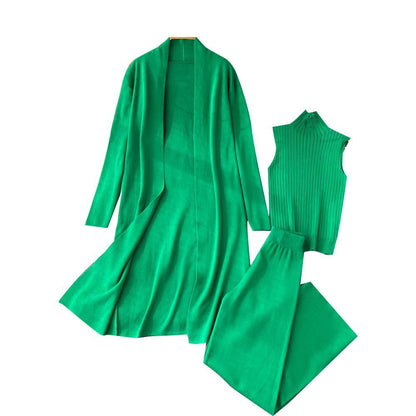 Autumn New Lazy And Loose Knitting Suit Women's Long Shawl Cardigan Turtleneck Sweater Wide Leg Pants Three-piece Set