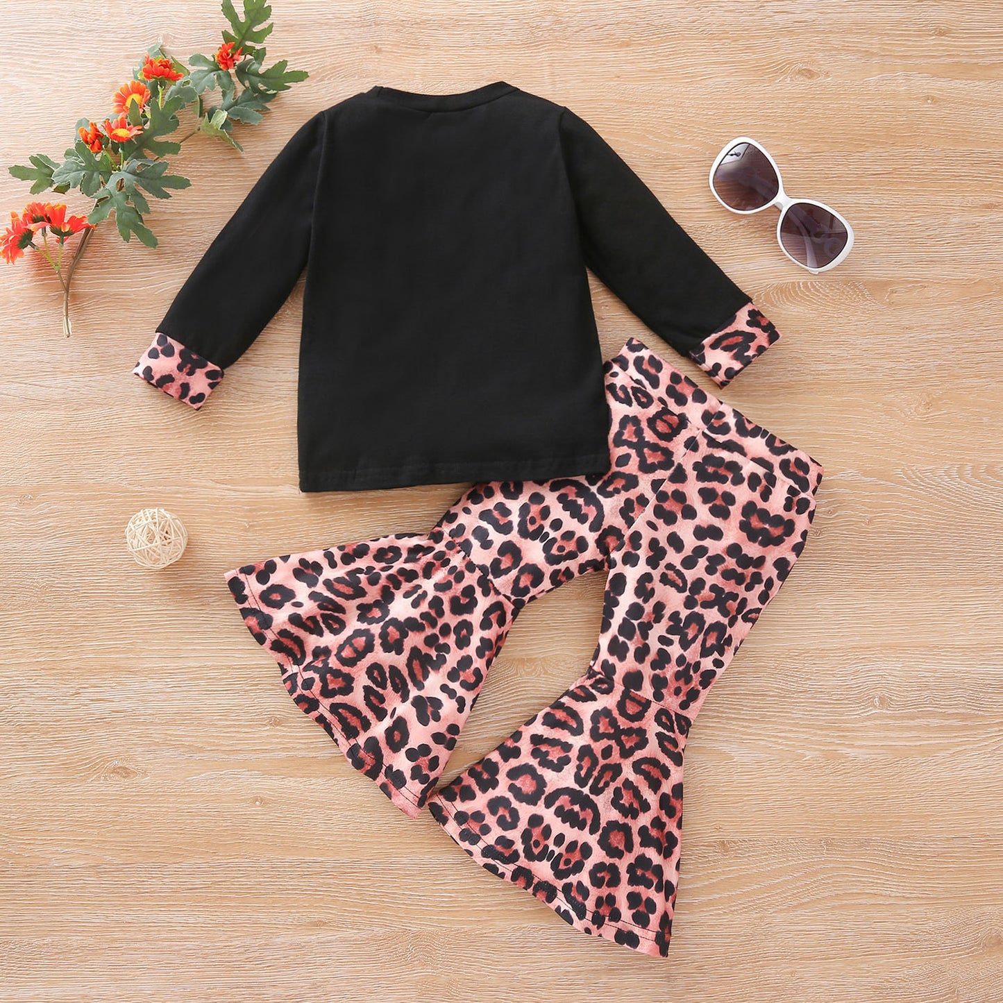 Girls Stitching Long-sleeved T-shirt Leopard Print Flared Pants Suit
