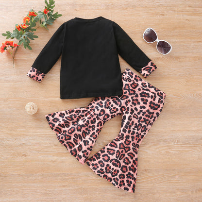 Girls Stitching Long-sleeved T-shirt Leopard Print Flared Pants Suit