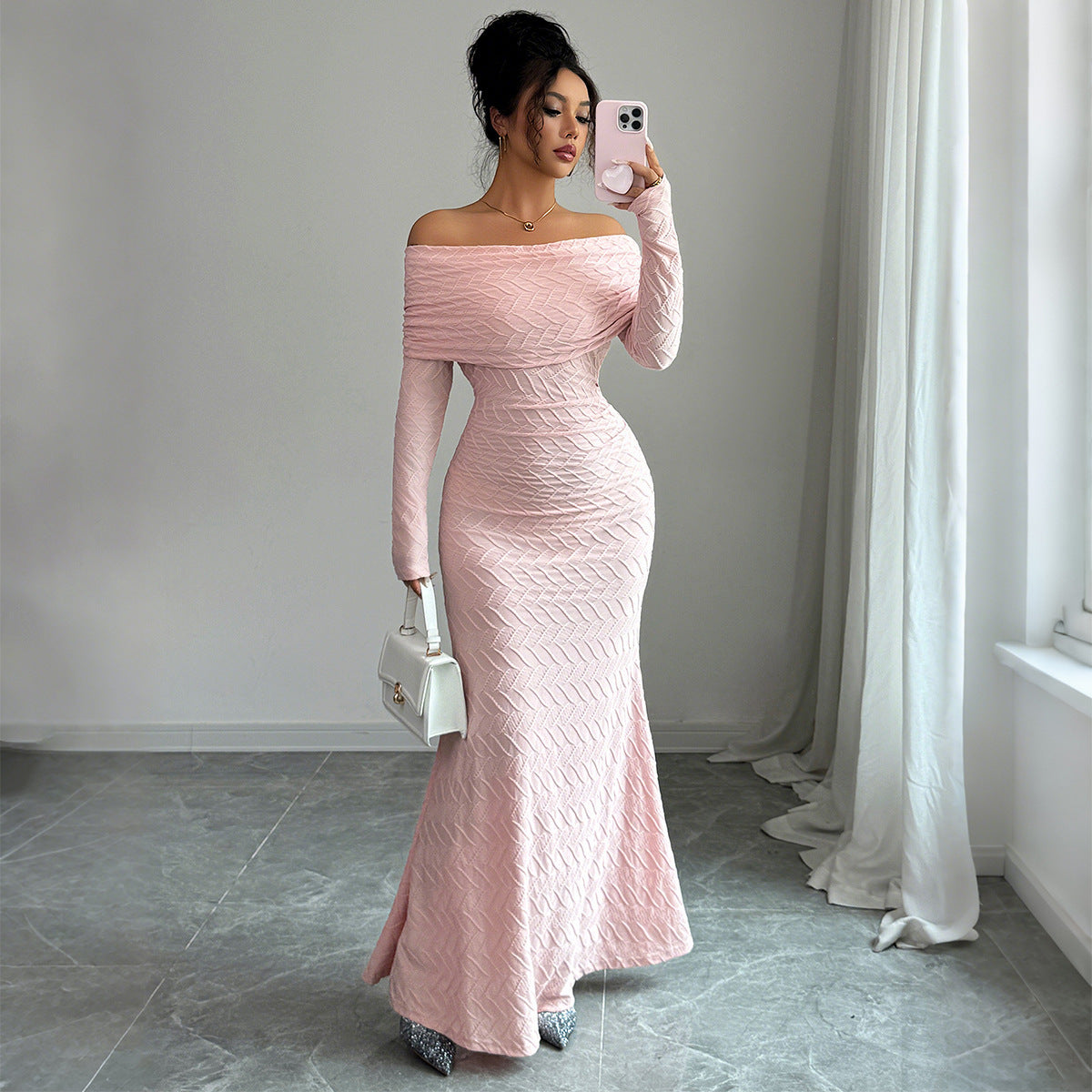Elegant Simple Off-shoulder Long Sleeve Dress Women's Clothing