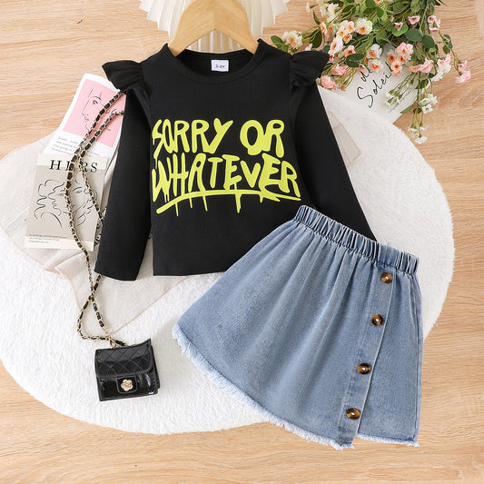 Girls' Stripe-resistant Long Sleeve Letter Jacket Denim Skirt Suit