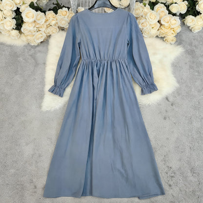 Retro Solid Color High Waist Long Sleeves Cotton And Linen Dress