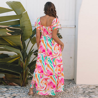 European And American Fashion All-match Abstract Printing High Waist Dress