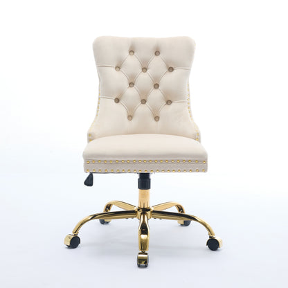 A&A Furniture Office Chair,Modern Velvet Upholstered Tufted Button Home Office Chair With Golden Metal Base,Adjustable Desk Chair Swivel Office Chair Beige