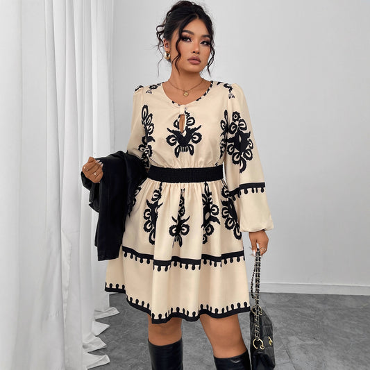 Fashion Round Neck Puff Sleeve Printing Dress Women