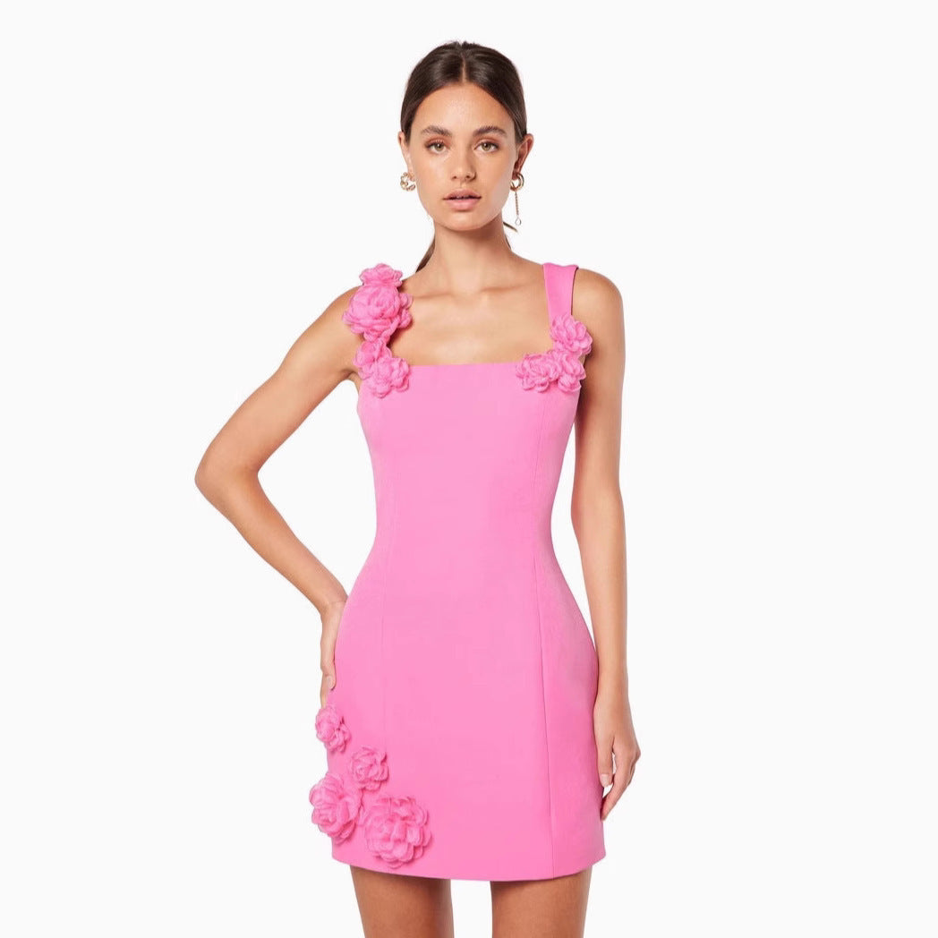 Flower Spaghetti Strap Sleeveless Backless A- Line Dress