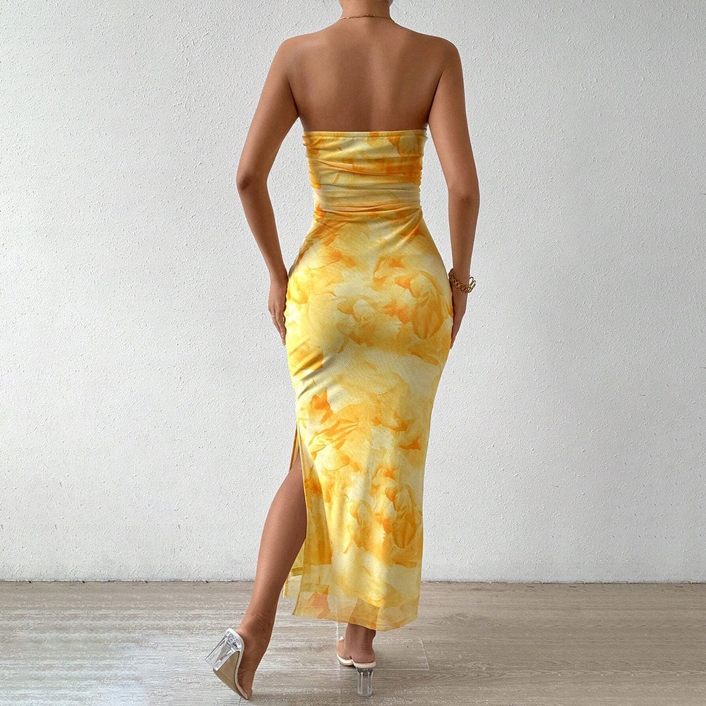 Women's Mesh Floral Print Dress New High Waist Slim Slit Tube Top