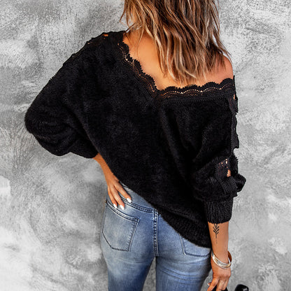 Autumn And Winter New Style Solid Color Lace V-leader Hollow Sexy Knit Top Women