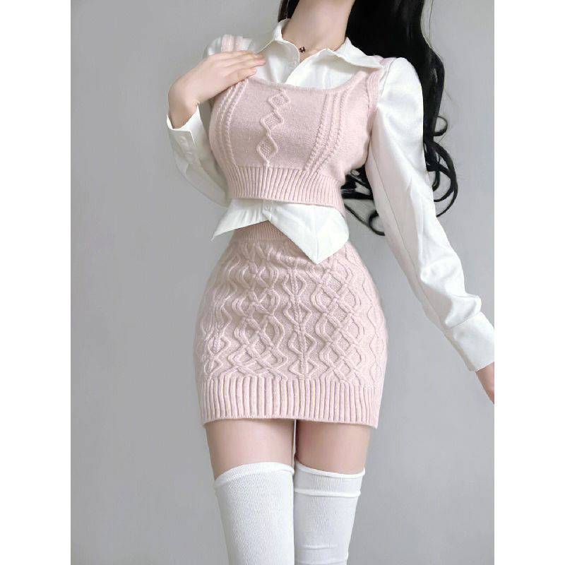 Niche Bandage Dress Sweater Vest Hot Girl Hip Skirt Autumn Suit Women