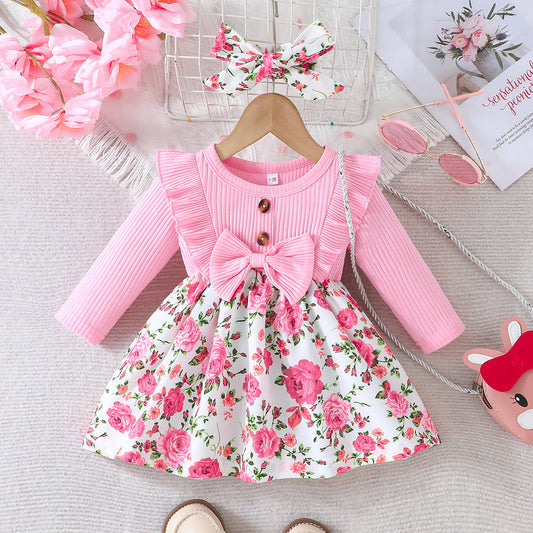 Girls' Striped Printed Bow Dress Suit