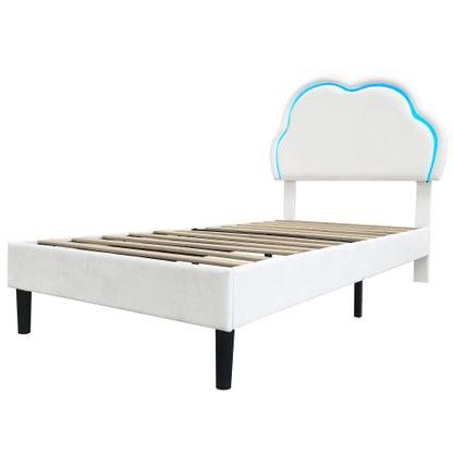 3ft Single Upholstered Bed With LED Adjustable Cute Cloud Headboard, Soft Velvet Bed Frame With Solid Wood Slat, No Box Spring Needed, Easy Assembly, Cream White No Mattress
