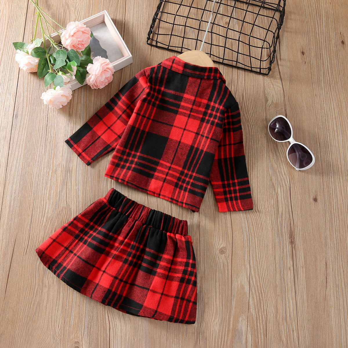 Girls' Long Sleeve Plaid Skirt Two Piece Set