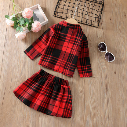 Girls' Long Sleeve Plaid Skirt Two Piece Set