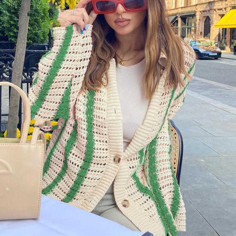 Autumn Casual Striped Openwork Knitted Cardigan Women's Jacket