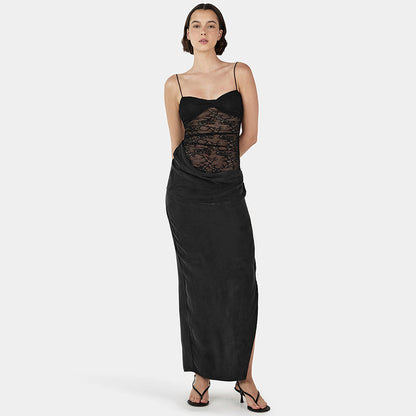 New Solid Color Lace Sexy Sleeveless Split Long Dress