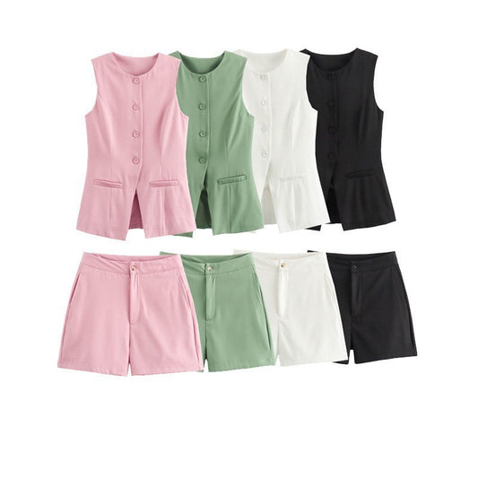 European And American V-neck Single Breasted Slim Fit Vest Shorts