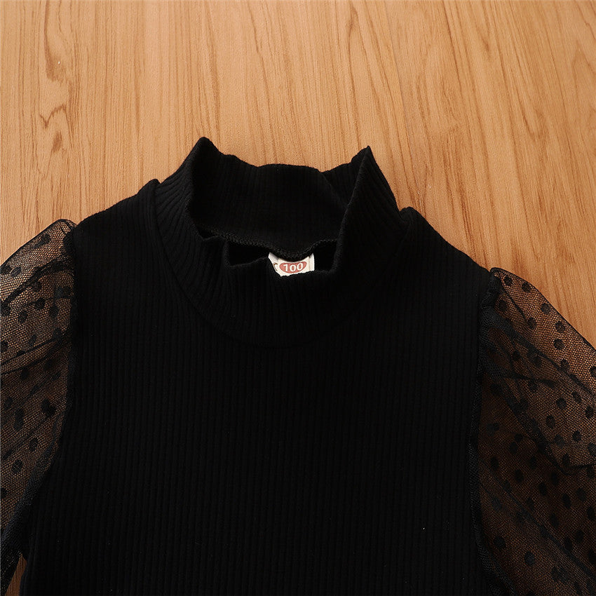 Girls' Suit New Children's Mesh Sleeves Top Denim Suspender Pants Two-piece Set