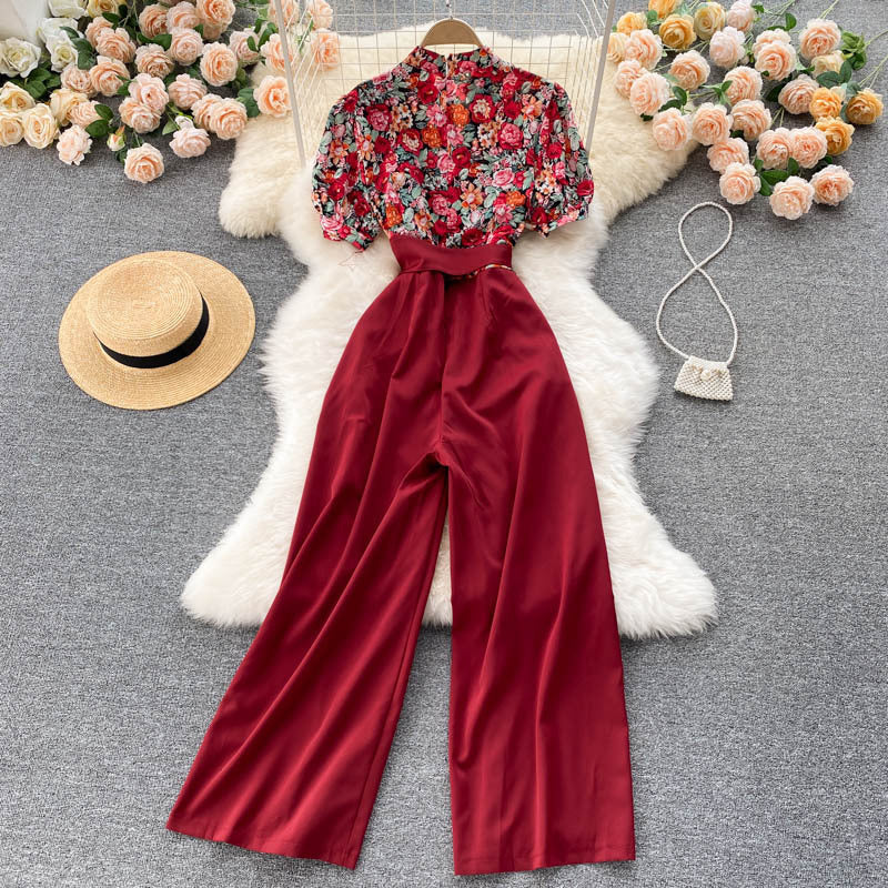 Fake Two Pieces Of Western Style V-neck High Waist Slimming Drape Wide-leg Jumpsuit Women