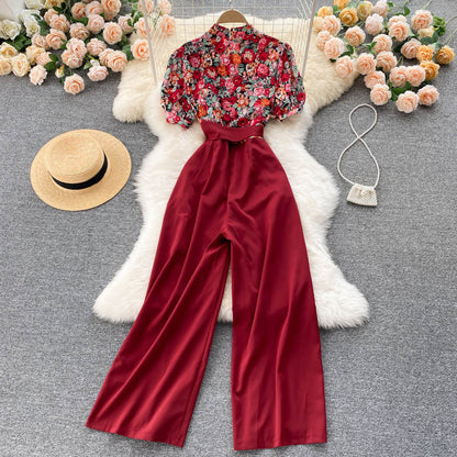 Fake Two Pieces Of Western Style V-neck High Waist Slimming Drape Wide-leg Jumpsuit Women
