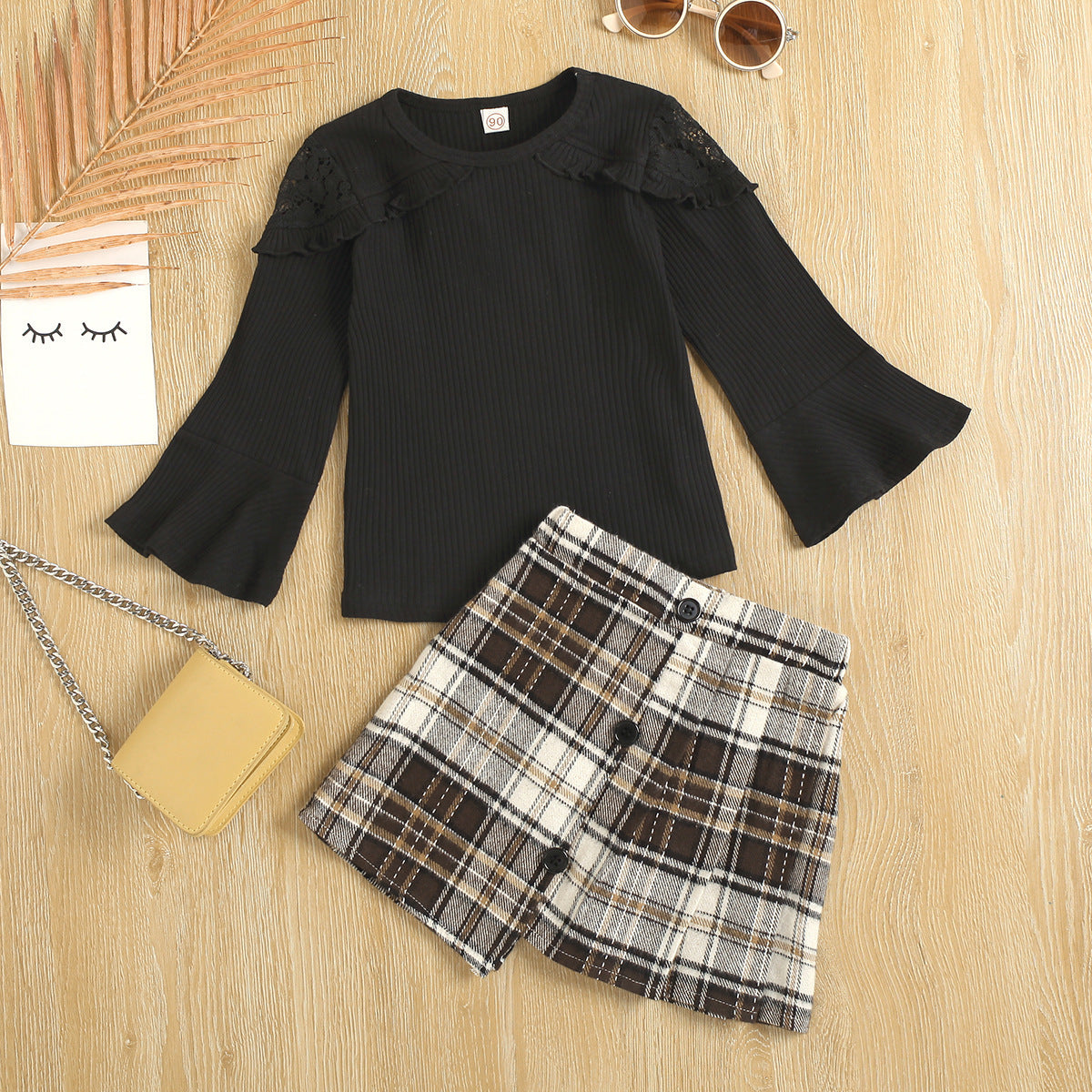 Flared Sleeve Knitted Pit Top Irregular Plaid Skirt Two Piece Set