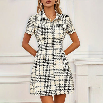 Fashionable Waist-trimming Houndstooth Short Women's Dress