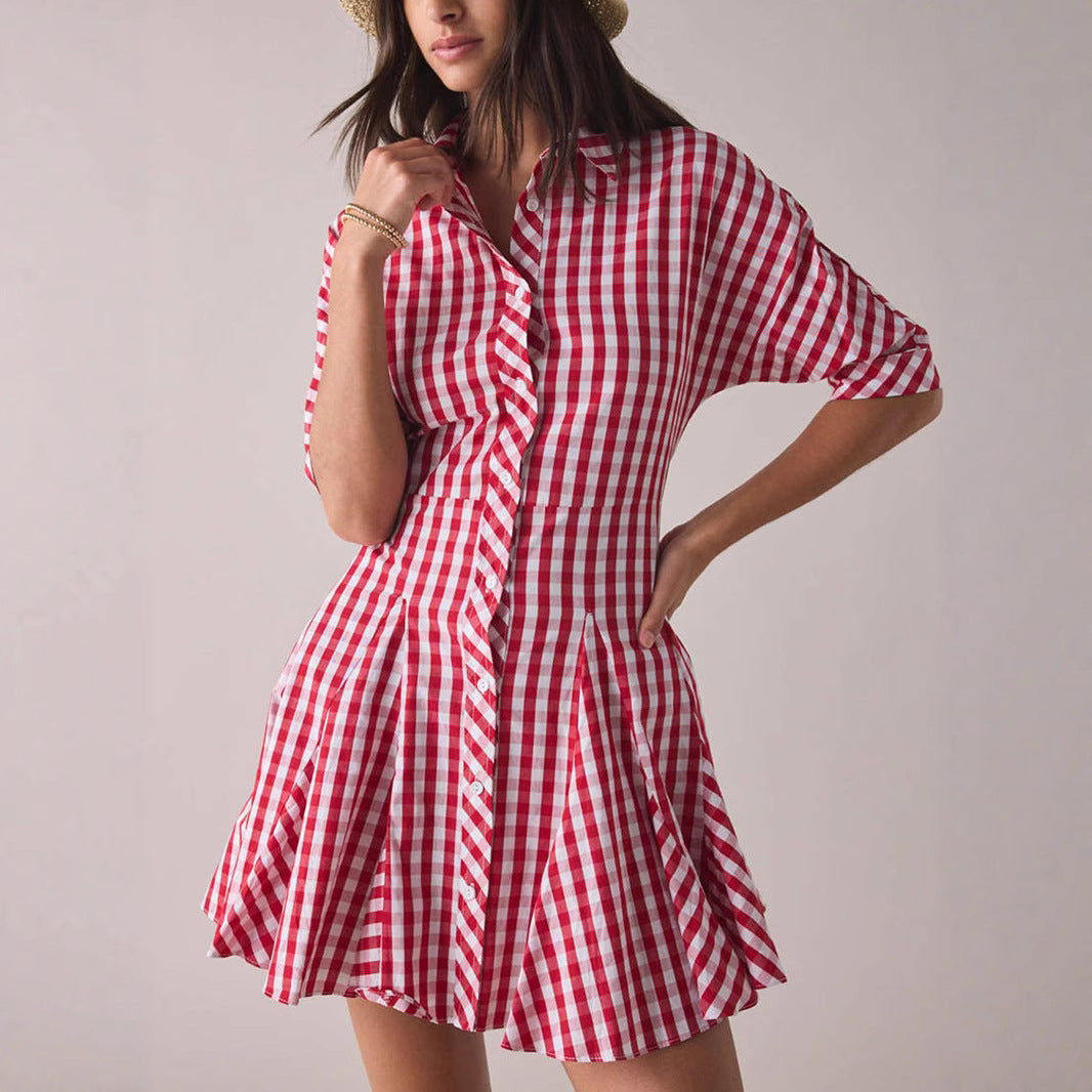 New French Sweet Red Plaid Waist-cinching Dress