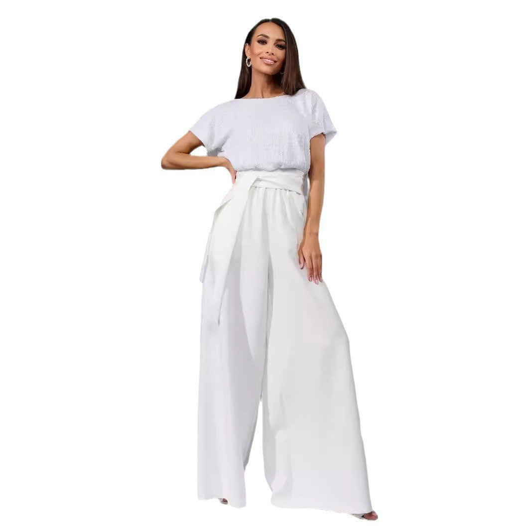 European And American One-piece Sequin Fashion Short Sleeve Casual Jumpsuit Trousers