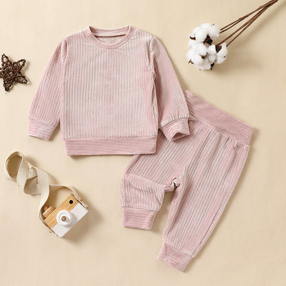 Cross-border New Arrival Infant Trousers Solid Color Rib Fabric Suit