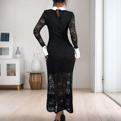Sexy Elegant Lace Long Sleeve Lapel Color Matching Temperament Dress