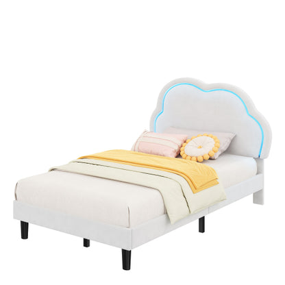 3ft Single Upholstered Bed With LED Adjustable Cute Cloud Headboard, Soft Velvet Bed Frame With Solid Wood Slat, No Box Spring Needed, Easy Assembly, Cream White No Mattress