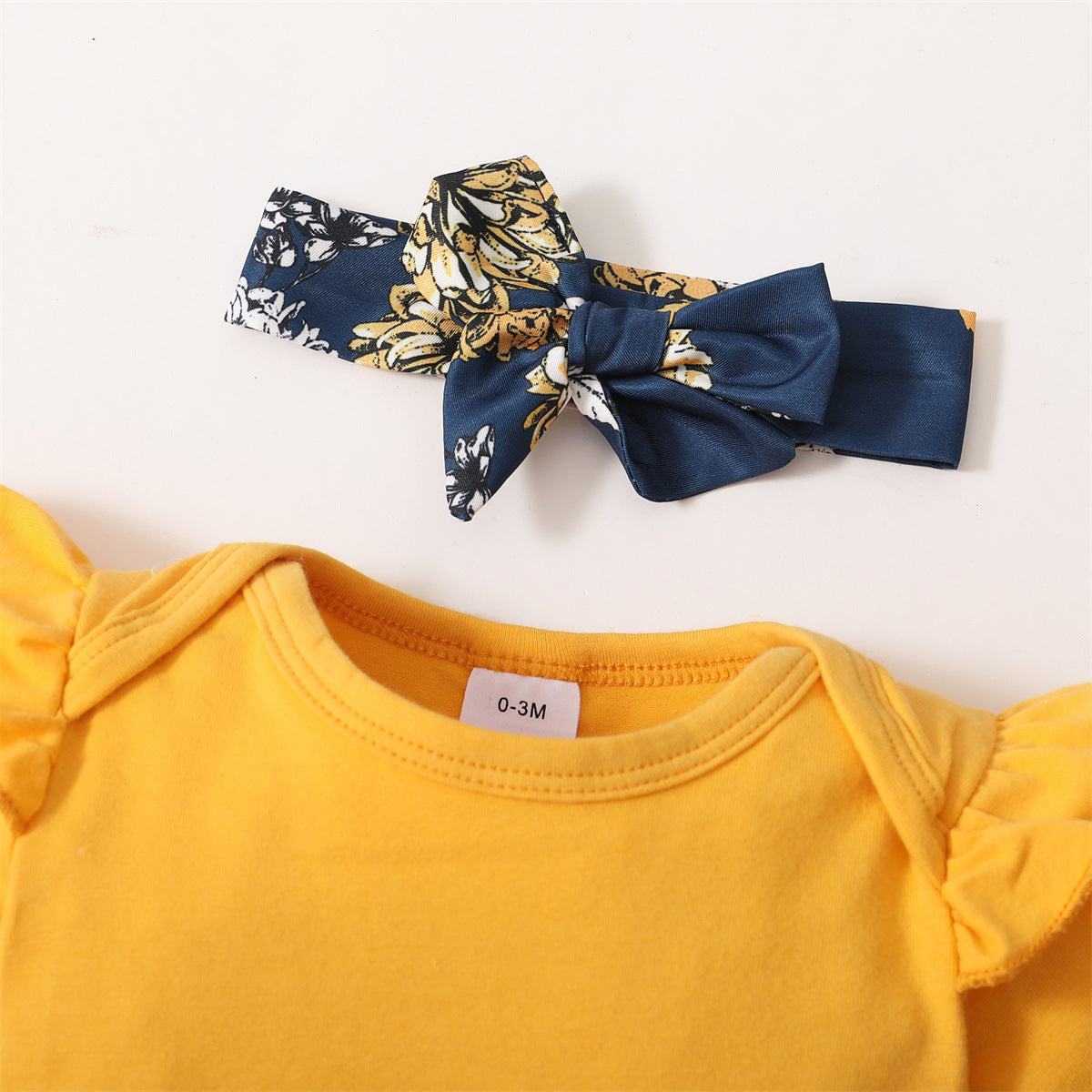 Spring And Autumn Yellow Short Sleeve Romper Floral Shorts Headscarf Three-piece Set