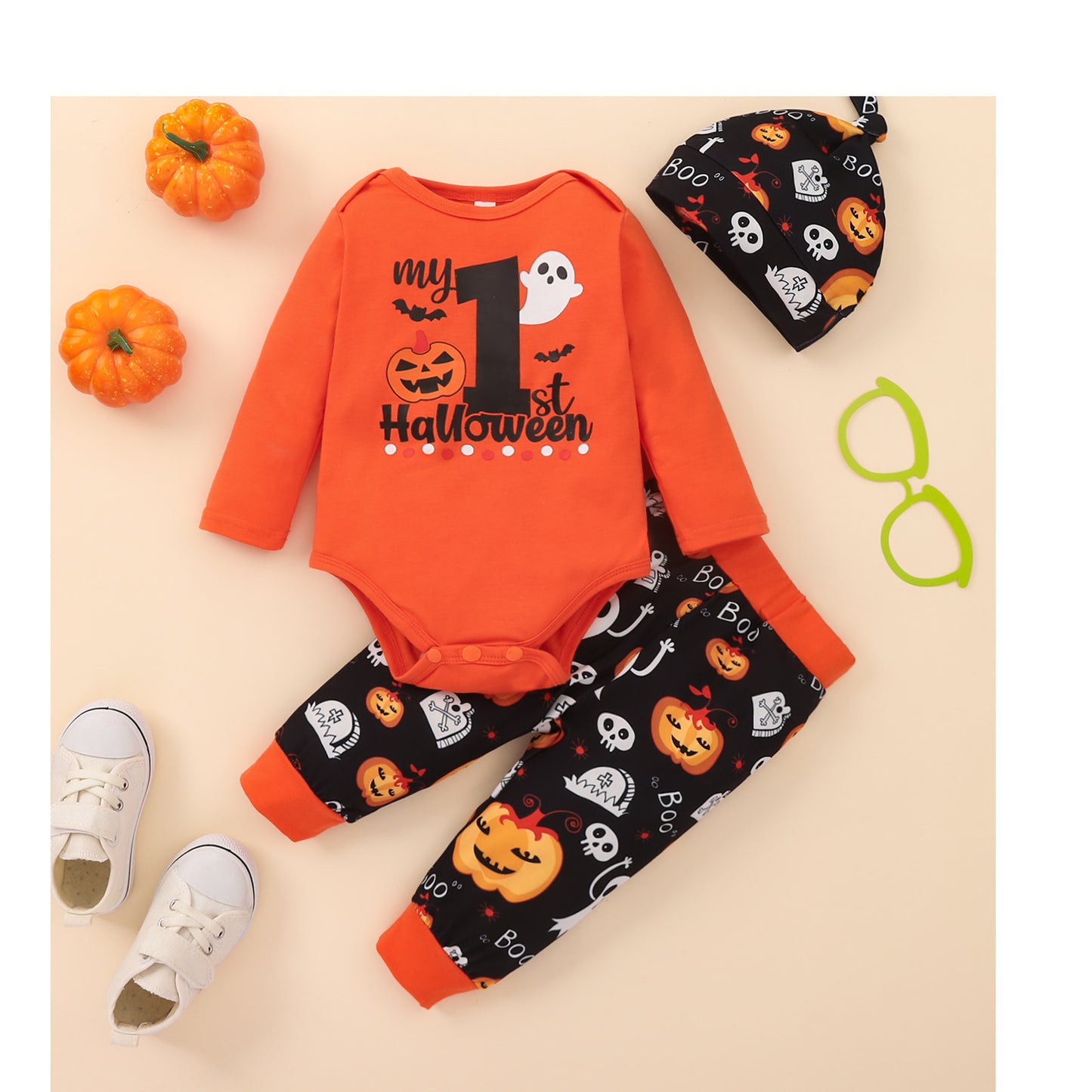 Autumn Baby Boy Orange Round Neck Long Sleeve Letter Romper Printed Black Trousers Hat Infant Children's Suit