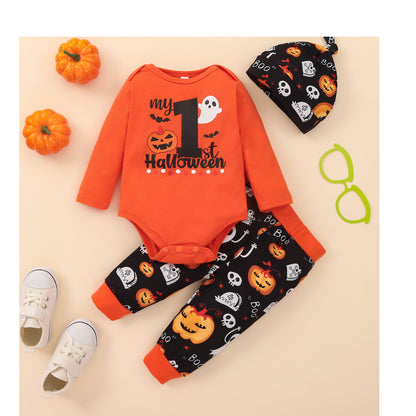 Autumn Baby Boy Orange Round Neck Long Sleeve Letter Romper Printed Black Trousers Hat Infant Children's Suit