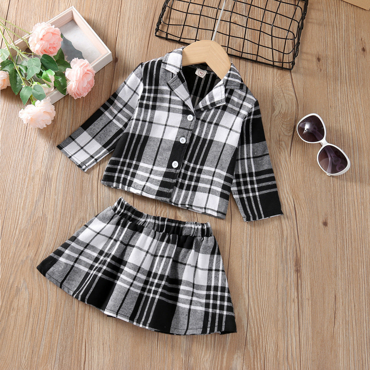 Girls' Long Sleeve Plaid Skirt Two Piece Set