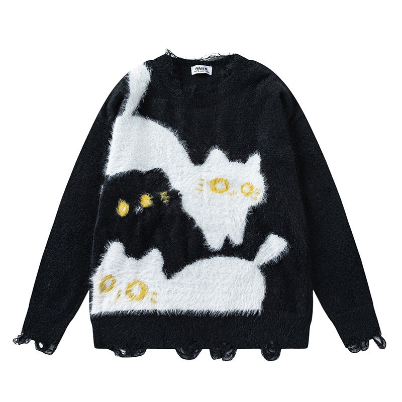 American Retro Plush Cat Ripped Tassel Design Sweater