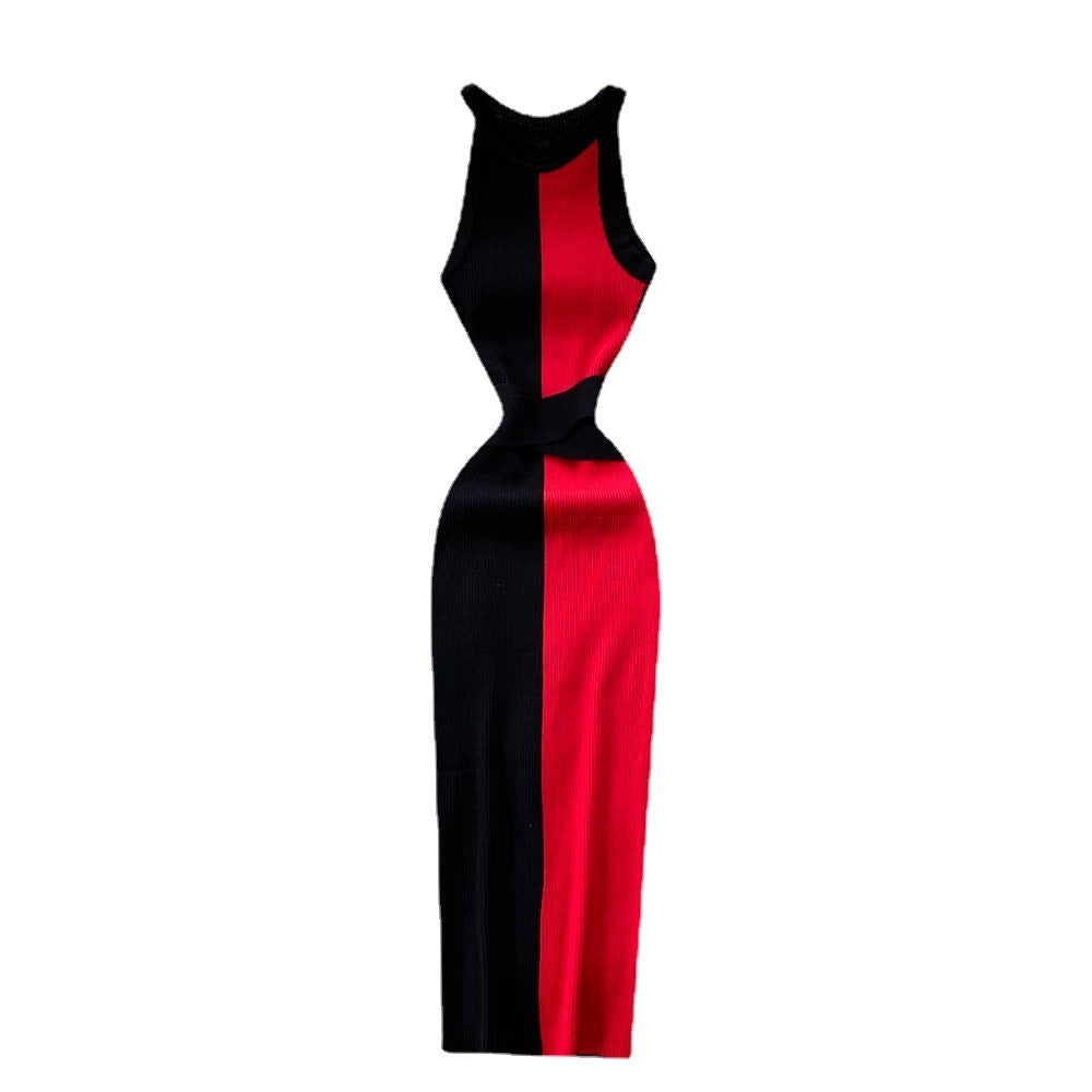 Slim Fit Slimming Long Round Neck Sleeveless Dress Color Matching Skinny Sheath Knitted Dress