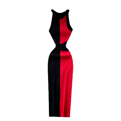 Slim Fit Slimming Long Round Neck Sleeveless Dress Color Matching Skinny Sheath Knitted Dress