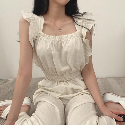 French Retro Square Collar Ruffled Flying Sleeves Elastic And Waisted High Waist Wide Leg Jumpsuit For Women