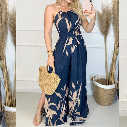 European And American New Dark Blue Printed Halter Jumpsuit