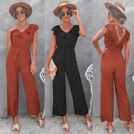 Women's Solid Color Back Straight Jumpsuit