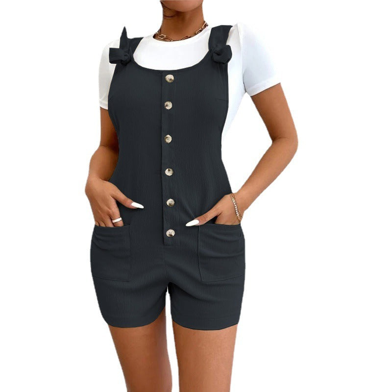 Women's Solid Color Strap Button Pocket Jumpsuit