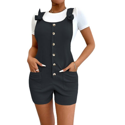 Women's Solid Color Strap Button Pocket Jumpsuit