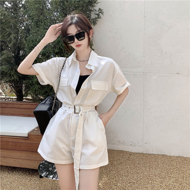 Summer New Style Casual Loose Lapel Tooling Lace-Up Jumpsuit Women Wide-Leg Shorts