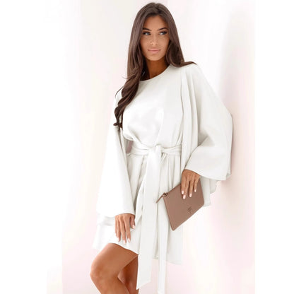 Autumn Fashion Solid Color Round-neck Flared Sleeves Lace-up Waist Dress